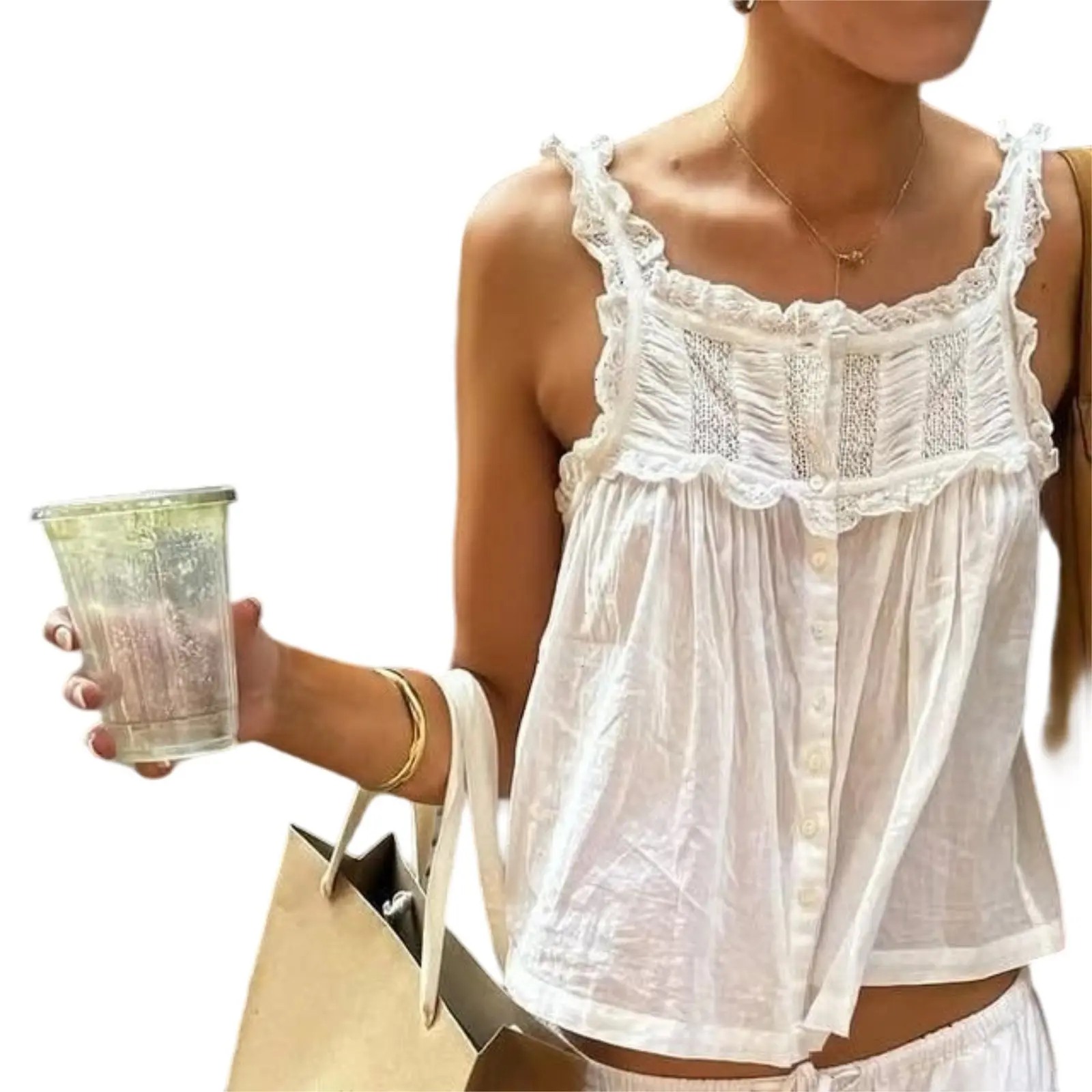 Modern Women Summer Tank Tops Casual Lace Patchwork Buttons Sleeveless Shirt Basic Vest Aesthetic Clothes for Streetwear, Date Night, Wear Elegant Modern Classic Comfortable Stretchy Relaxed Lightweight Breathable Soft