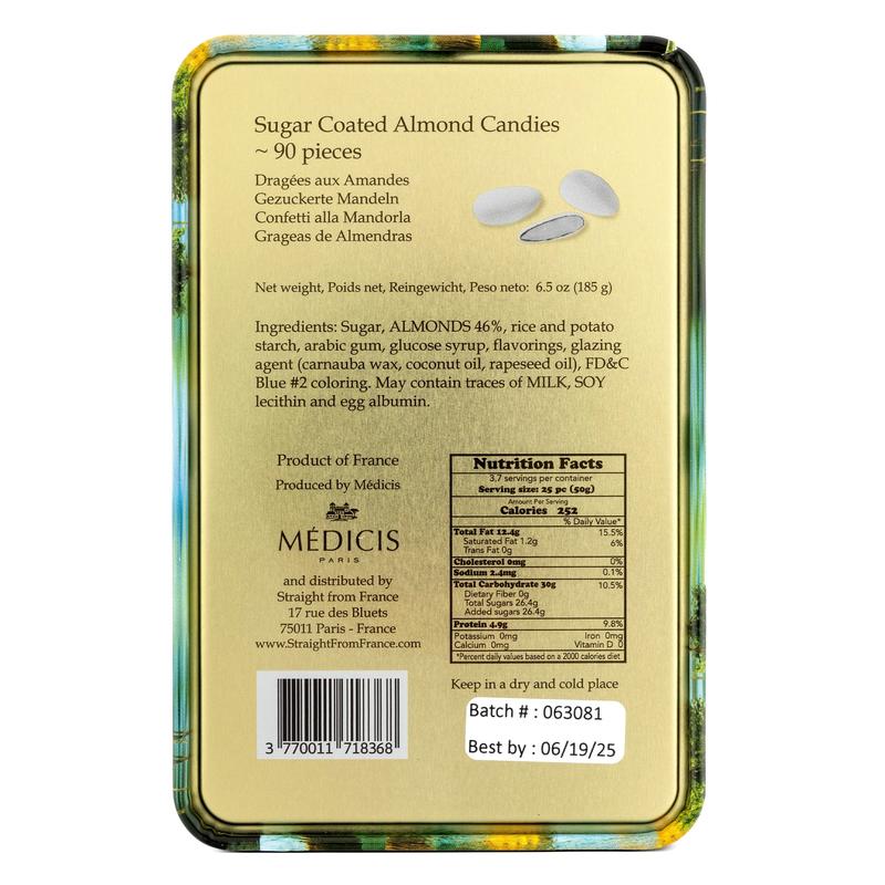 Straight from France Premium Candied Almonds (French Jordan Almonds) in Paris Themed Gift Tin, 90 Pieces, White