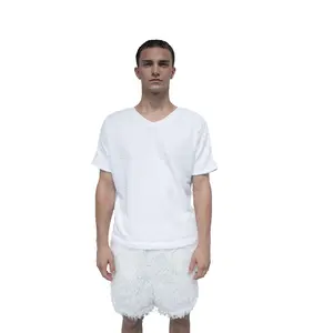 YVESLU Not-so-V-neck T-shirt, White Streetwear Casual Short sleeve, Toweling cotton