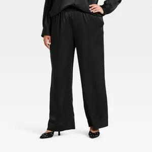 Women's Satin Pull-On Pants - A New Day Black XXL