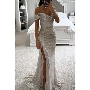2025New Party Sequin Off-Shoulder Slit Dress 2025New Party Sequin Off-Shoulder Slit Dress