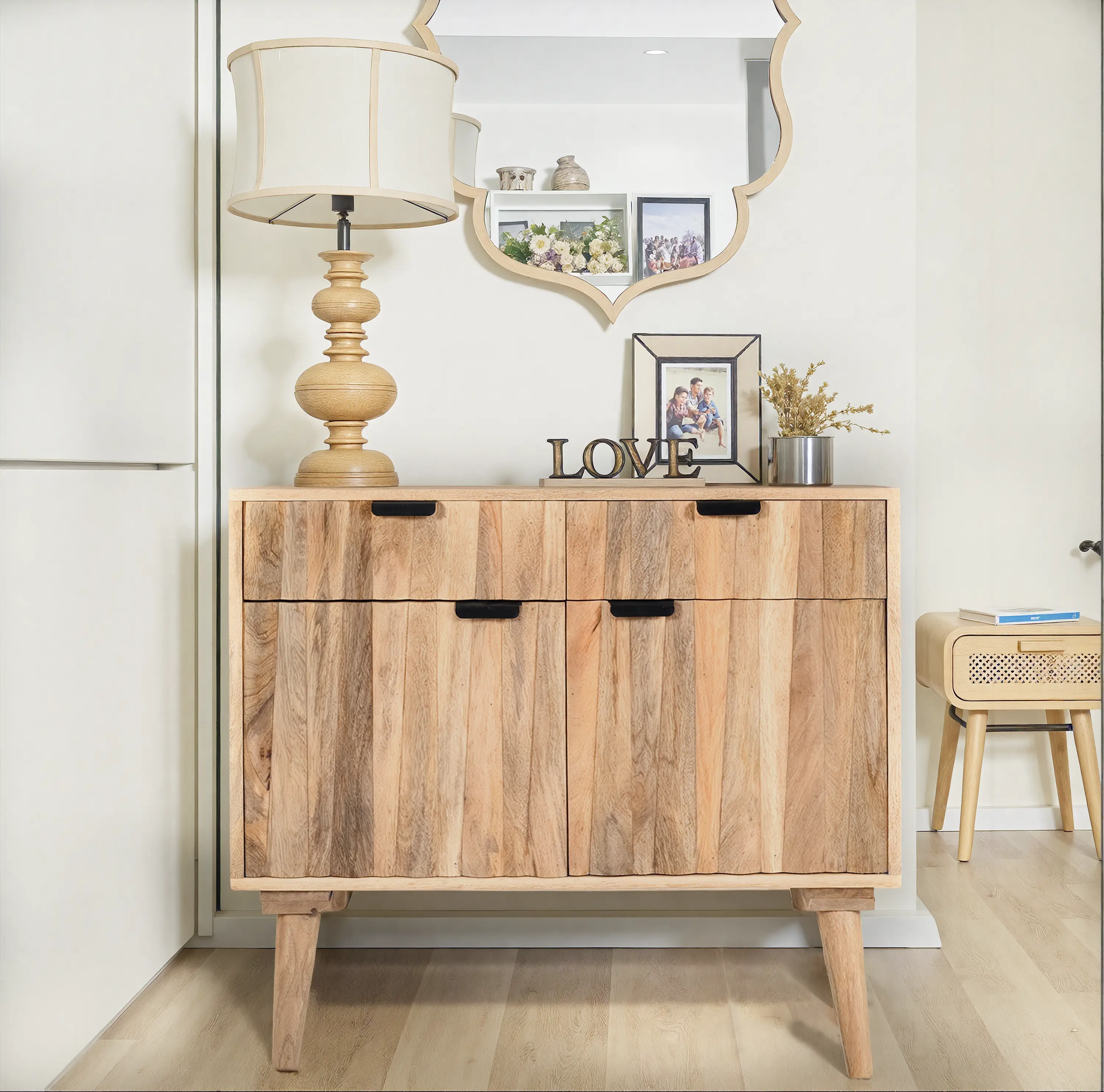 YYDS Mall Modern Tip-Over Safe 2-Drawer 2-Door Kitchen Cabinet, Mango Wood Natural Finish, 31''L x 29''H x 18''D, 57.43 lbs, Assembly Required, Contrasting Black Handles, 57.43 Pounds