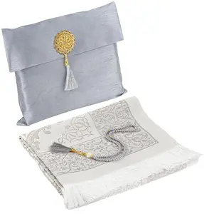 Islamic Gift Set - Prayer Mat & Tasbih in Taffeta Gift Bag - Gray