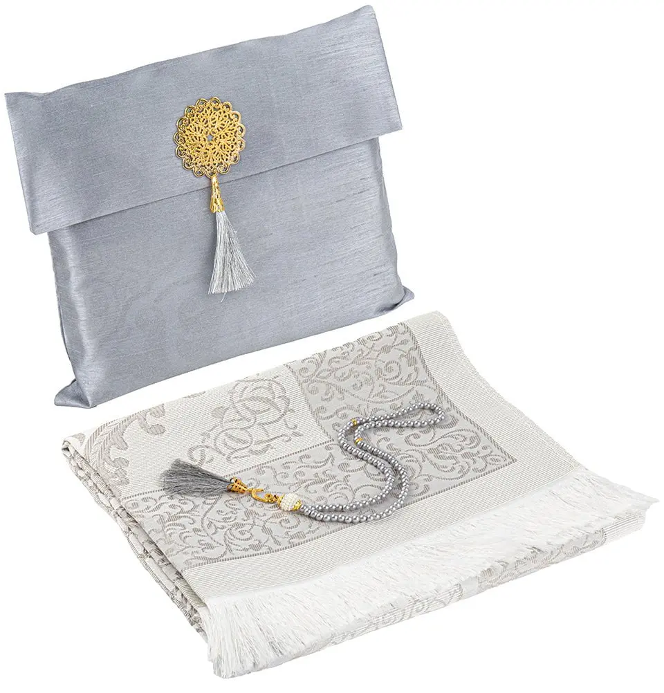 Islamic Gift Set - Prayer Mat & Tasbih in Taffeta Gift Bag - Gray