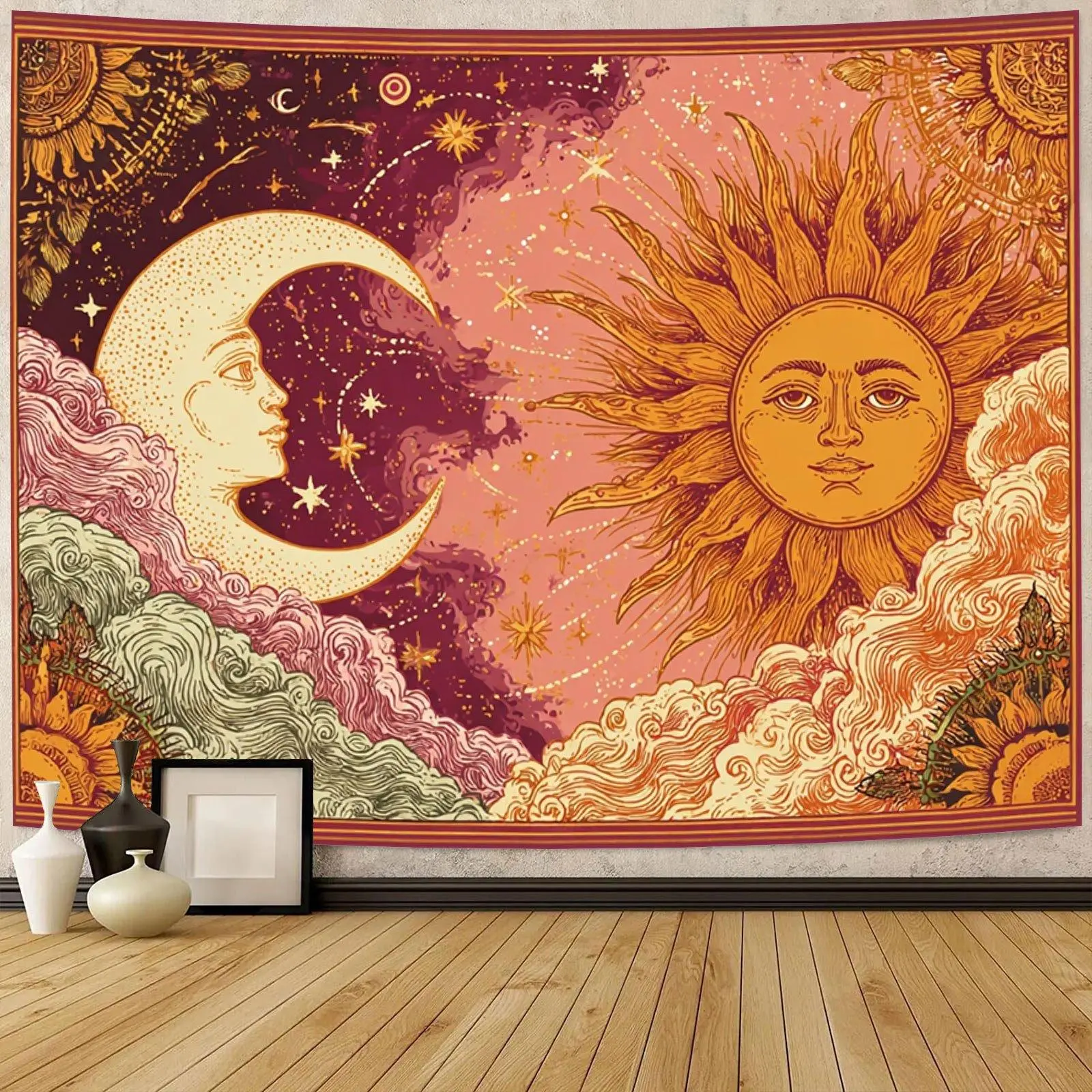 Sun and Moon Tapestry Retro Bohemian Wall Hanging Sun and Moon Shine Starry Fantasy Realm Tapestry Wall Art Wall Decor, Suitable for Living Room Bedroom Dorm Decor Home Decor Wall Hanging, Home Decoration, Celestial Design, Bohemian Style