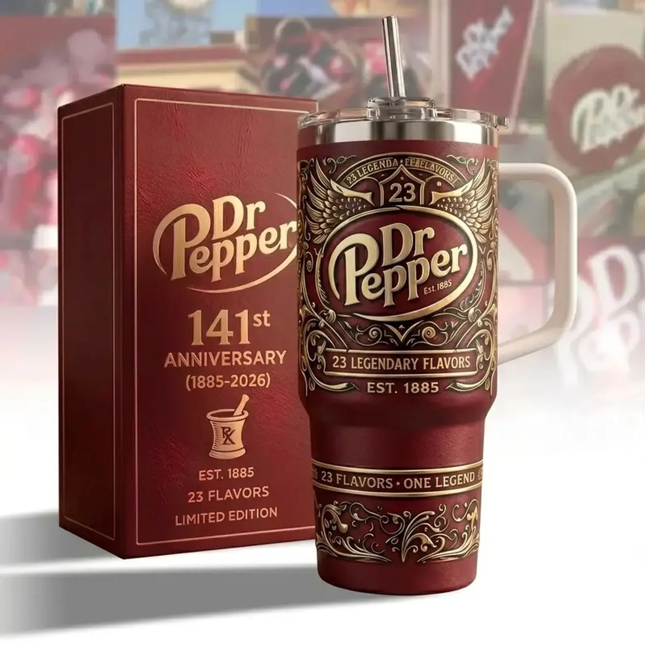 [No Straw] Docter Pepper 141st Anniversary Tumbler 40oz With Handle & Straw, Limited Edition 1885-2026 Collector Cup, Retro Soda Fan Gift, Vintage Dr Pepper Drinkware, 23 Flavors Stainless Steel Travel Mug, Insulated Beverage Tumbler