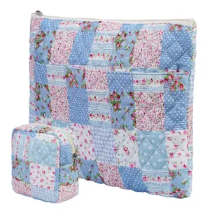 Floral Quilted Laptop Sleeve Set – 14-Inch Cute Padded Computer Case, Soft Protective Cover, Stylish Laptop Carrying Bag, Compatible with 14" Laptops