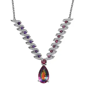 Quartz Multi Gemstone  925 Sterling Silver Rhodium Plated Necklace for Women Jewelry Birthday Christmas Gifts Size 18" Ct 13.41