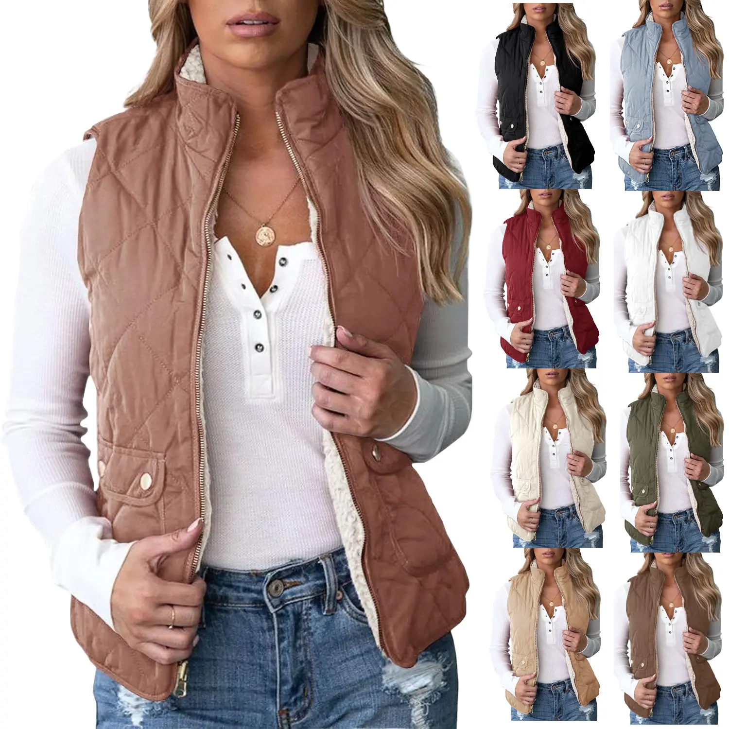 Lannew Women's Reversible Sherpa Vest Quilted Zip Fleece Padded Gilet with Pockets