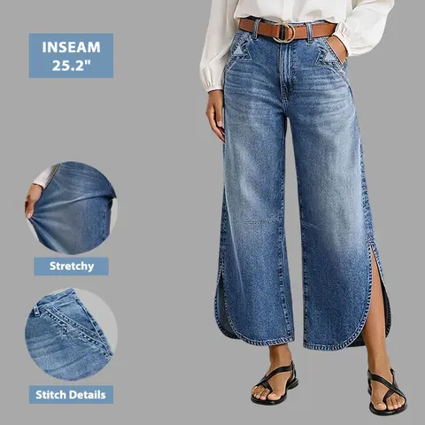 Flamingals Wash Stitch Detail Split Hem High Rise Wide Leg Crop Jeans Without Belt Stretchy 25.2'' Inseam