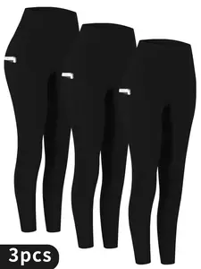 3PCS  Plus Size Sports Leggings Set, Women's Plus Solid High Rise Slim Fit Running Yoga Leggings With Phone Pockets 5pcs Set Suitable Spring/Autumn