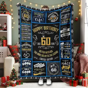 Happy 60th Birthday Flannel Blanket Vintage Chalkboard Facts Print Throw Blanket Slogan Print Blanket 60th Birthday Gift for Men Women Party Keepsake Plush Blanket