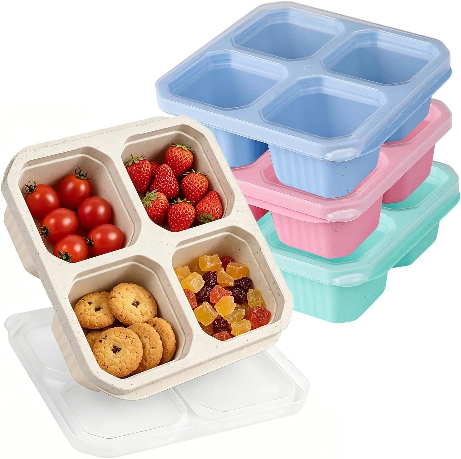 Wheat Straw Plastic Snack Box Set with Lids, 4-Pack, 4-Compartment Bento Containers