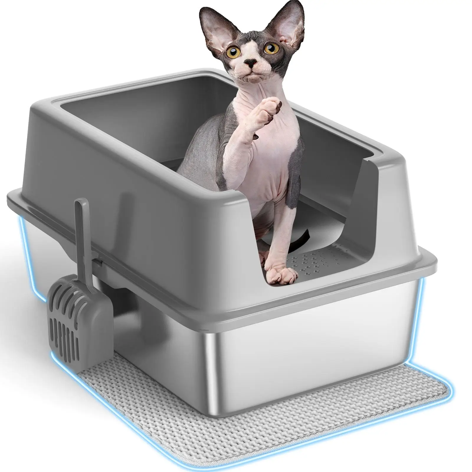 Anyask XL Cat Litter Box Stainless Steel with Lid, Automatic Cat Feeder Litter Box, 2 models, High Wall Sides Enclosure, Non-Sticky, Anti-Leakage, Eas