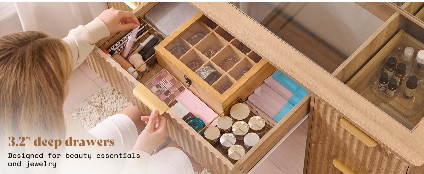 AMERLIFE 36.2/47.2" Fluted Vanity Desk with Mirror and Adjustable LED Lights, Large 4/7 Drawers Makeup Table with Glass Top and Charging Station for Women and Girls, Bedroom or Dorm/Best Gift Ideas/Christmas Gifts