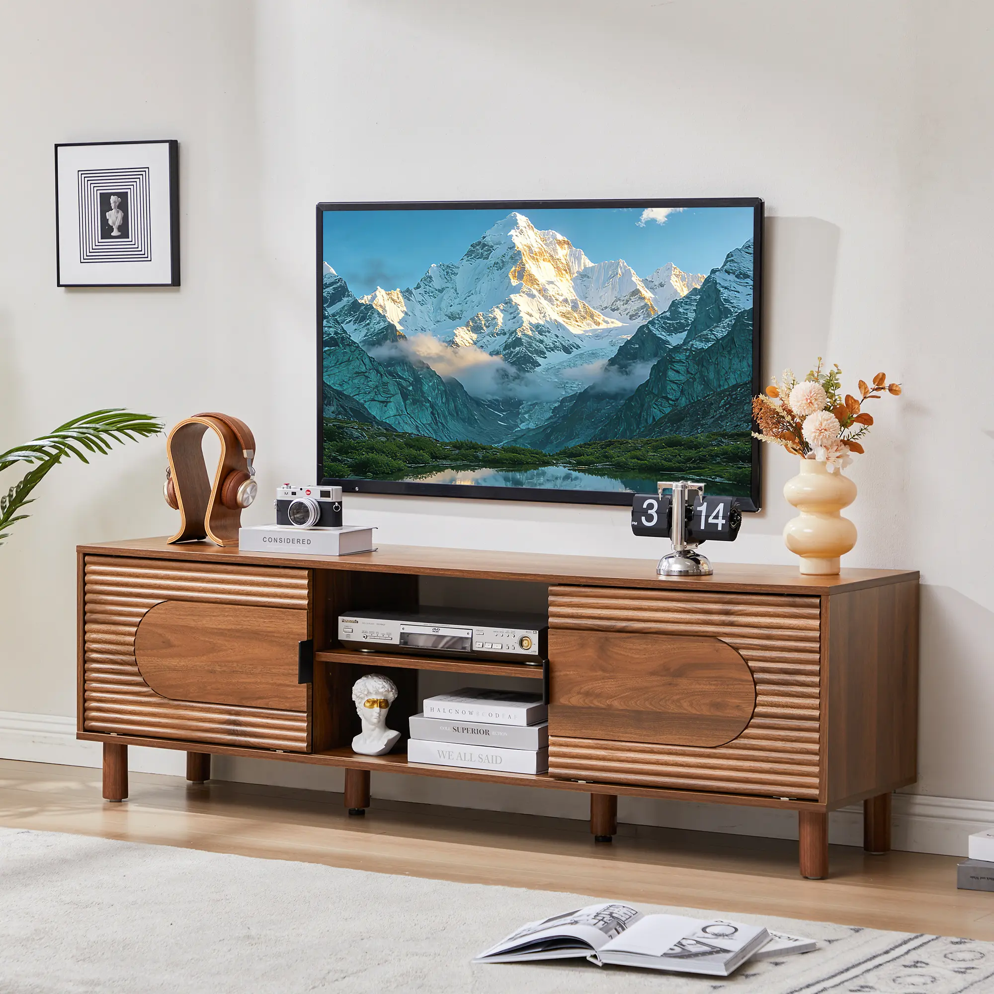 FurSch Mid-Century Modern Wood TV Stand, 63” Media Console with Sliding Storage Doors & Open Shelf, Fluted Design, Supports TVs up to 70”