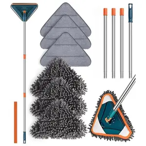 Multi-functional mop Long Handle Wall Cleaner Adjustable Length Wall Mop 360° Spinning Head Floor WallWashing Cleaning Tocl for Walls Cellin FansFloors Baseboards Dust Kitchen GeneralPurpose, 6 Replacement Pads and 1 SiliconeSqueegee