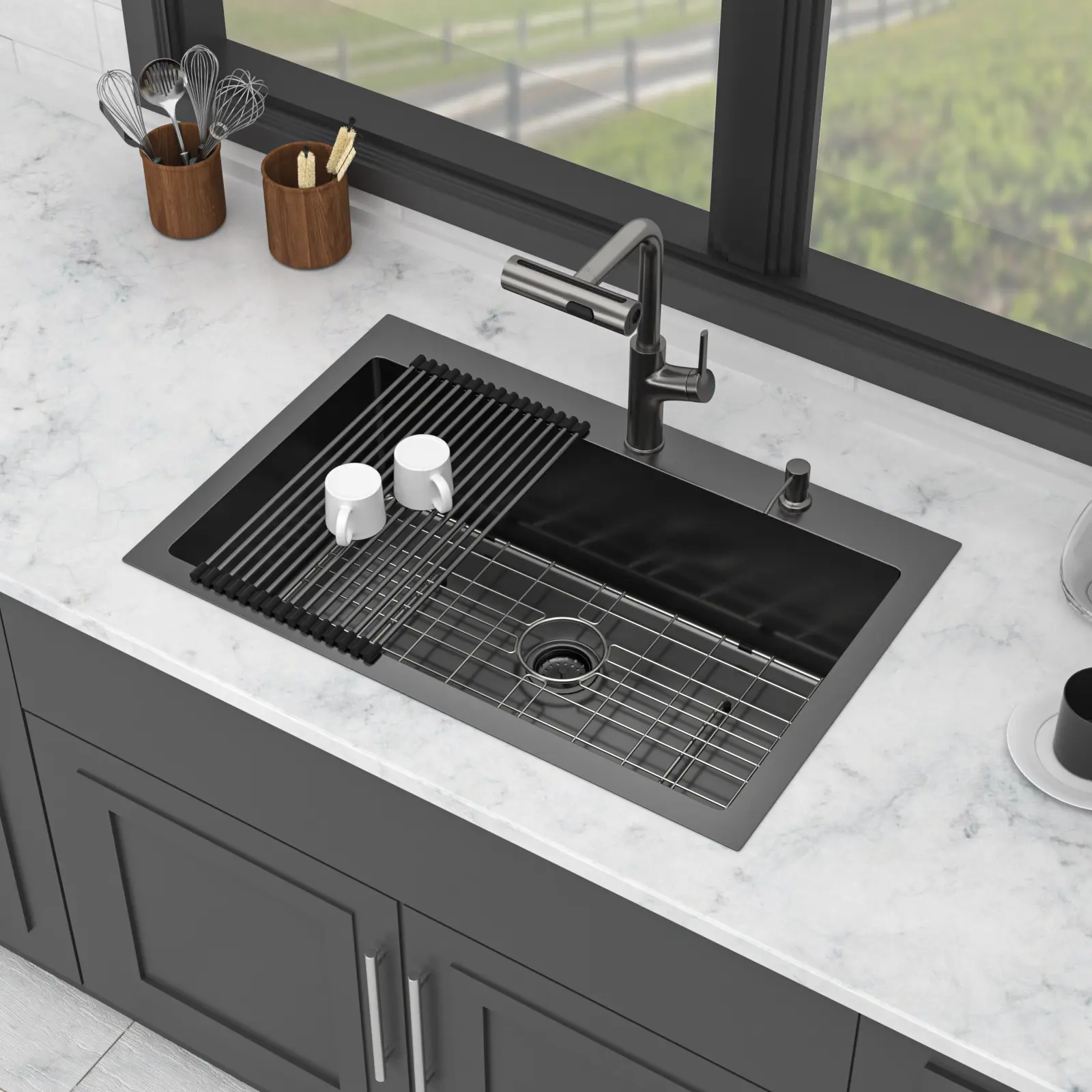 33 Inch Gunmetal Black Drop-in Topmount Single Bowl Kitchen Sink Set with Pull-out Faucet and Soap Dispenser, 16 Gauge Stainless Steel Basin, 33 x 22 x 10 Inch, Modern Kitchen Sink for Home, Bar, Laundry Room, Home Furniture and Household
