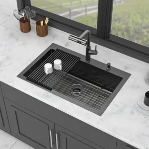 33 Inch Gunmetal Black Drop-in Topmount Single Bowl Kitchen Sink Set with Pull-out Faucet and Soap Dispenser, 16 Gauge Stainless Steel Basin, 33 x 22 x 10 Inch, Modern Kitchen Sink for Home, Bar, Laundry Room, Home Furniture and Household
