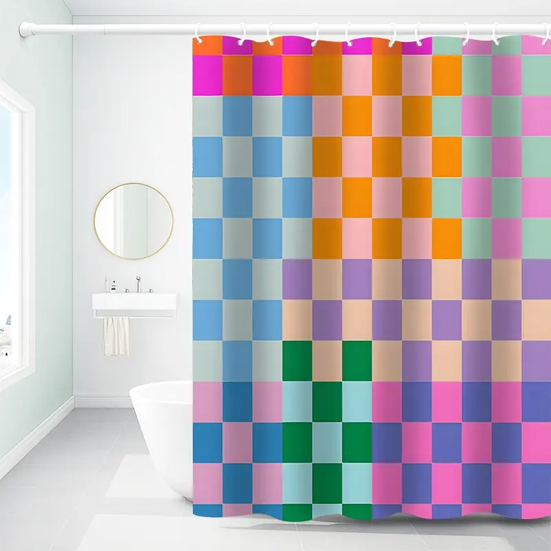 1pc Vibrant Geometric Waterproof Shower Curtain, Decorative Shower Curtain, Modern Square Altar Cloth Colorful Bathroom Decor, Playful Gradient Design, 70.9x70.9in Hanging Curtain with Hooks