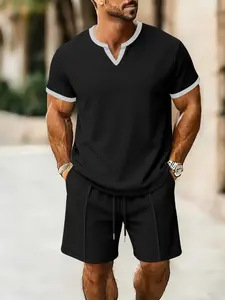 Men's Solid Color V-Neck Tee and Shorts Set, Summer Waffle Casual, Loose Breathable Two-Piece Set, Comfortable Summer Wear
