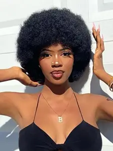 Afro Wig for Women & Men, 70s 90s Style, Natural Look, Kinky Curly with Bangs, Short Bouncy, Soft Afro Puff, Synthetic Hair, Mix