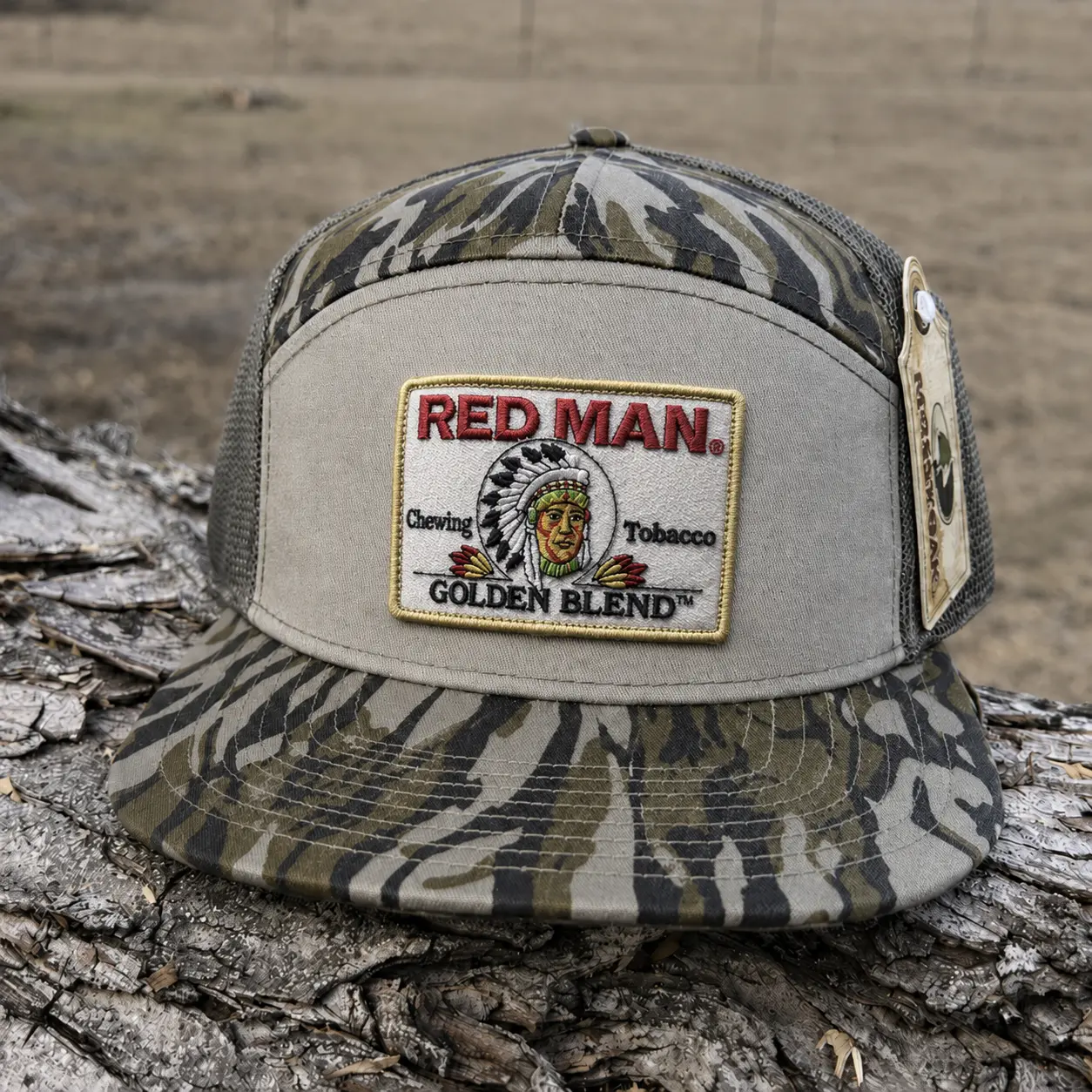 Red Man Chewing Toobacco Embroidered Patch Trucker Hat - Summer Drinking Cap Tan Camo Snapback Hat for Hunting and Partying Vintage Golden Blend