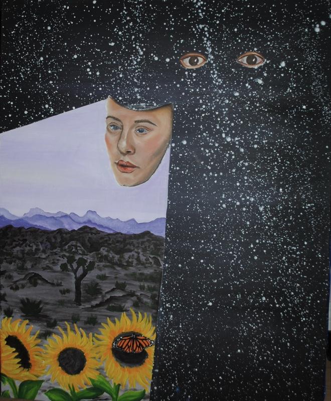 “Awareness” 30x24 Mixed Media Original Painting. Self portrait of artist. Her face is a mask, her identity a choice. She is the universe living a human experience. Creating her world, and her own perspectives as how she chooses to see her life as Selina.