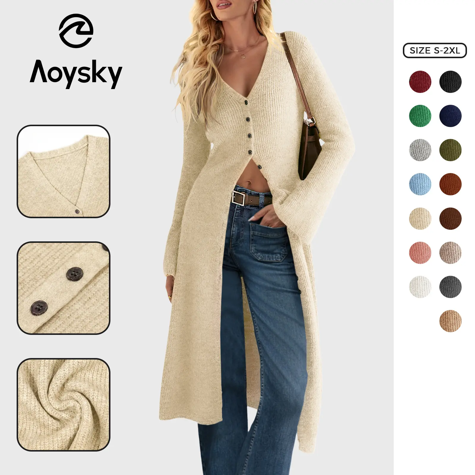 Aoysky Women's Collared V-Neck Oversized Open-Front Button-Down Plaid Knit Cardigan - Fall Midi-Length Bell-Sleeve Elastane Knitwear, Casual Tops