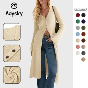 Aoysky Womens Long Cardigan Sweaters Oversized Bell Sleeve Open Front Button Down Casual Knit Fall Midi Dress