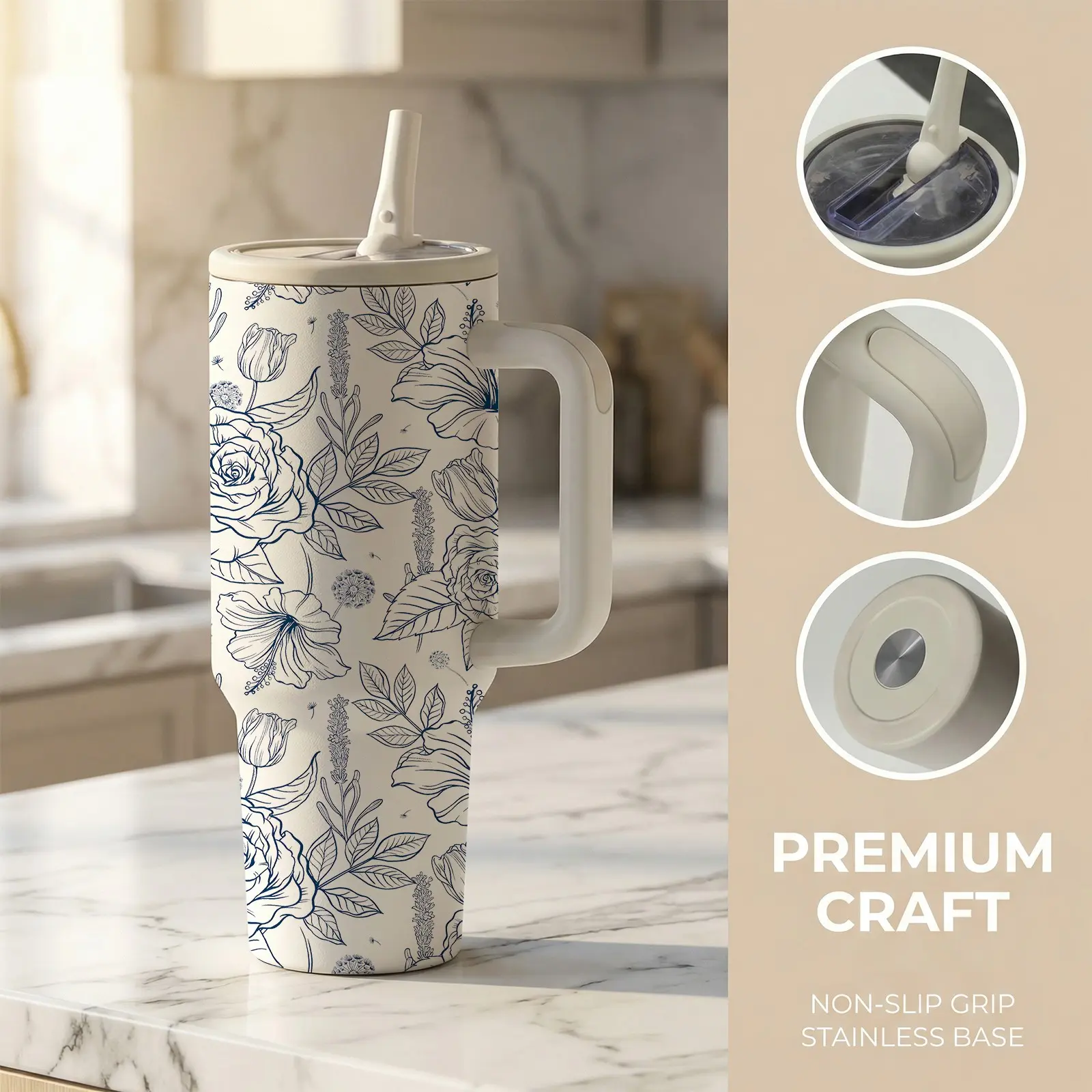 1 Pc 40 Oz Stainless Steel Water Cup with Handle and Foldable Straw, Blue Line Art Floral Pattern, Double Wall Insulated Thermal Mug, Thermo Cup, Hot 12H/ Cold 24H, Drinkware Tumbler, Perfect Mother's Day, Birthday Gift for Women, Friends and Family