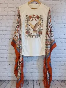 Women’s Boho Eagle Graphic Batwing Top, Vintage Floral Print Kimono Sleeve Blouse, Fringe Trim Oversized Bohemian Shirt, Casual Resort Vacation Outfit