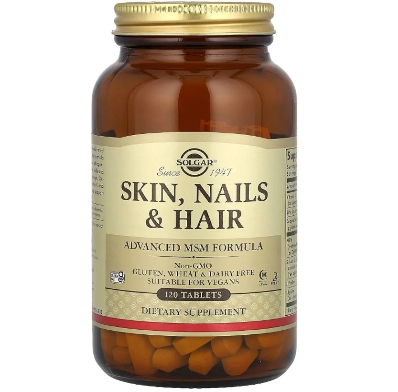 Solgar Skin, Nails & Hair, Advanced MSM Formula, 120 Tablets - Supports Collagen for Hair, Nail and Skin Health - Provides Zinc, Vitamin C & Copper - Non GMO, Vegan, Gluten & Dairy Free - 60 Servings ,Standard Packaging , 120 Count