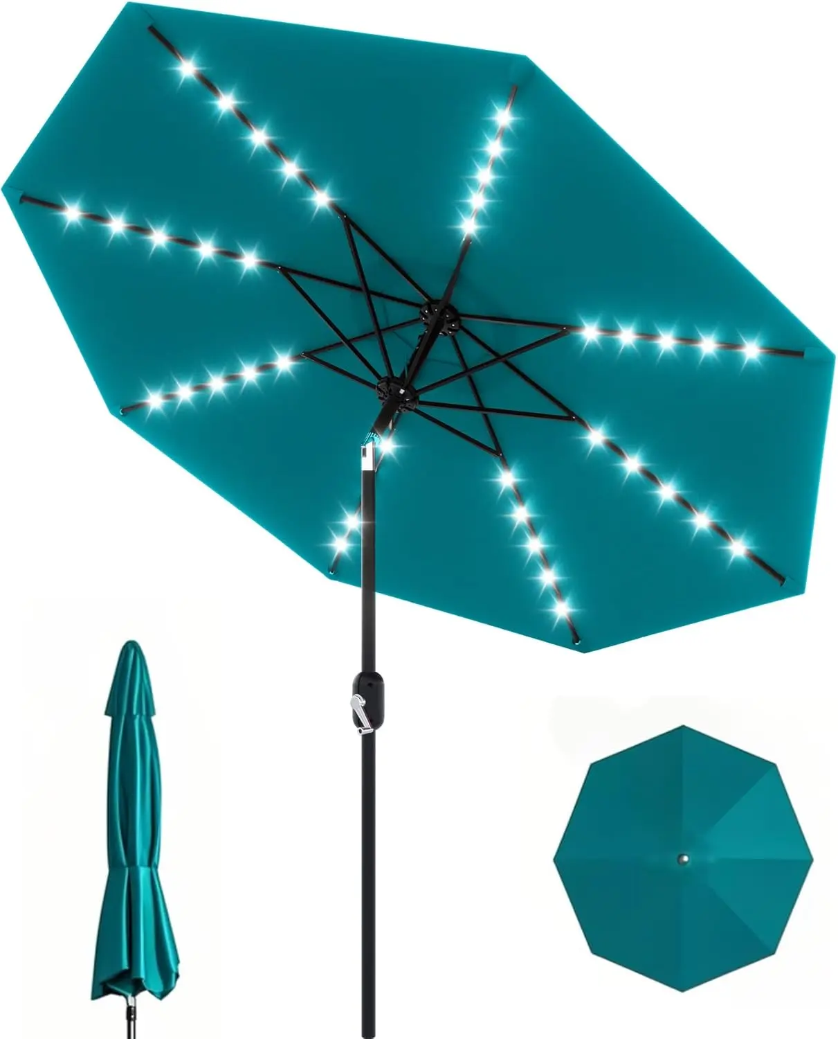 GAOMON 10 ft Patio Umbrella with Solar Lights, Outdoor Table Umbrella with 40 LED Lights & Tilt Crank, 8 Ribs Market Umbrella for Pool, Deck, Backyard, Turquoise
