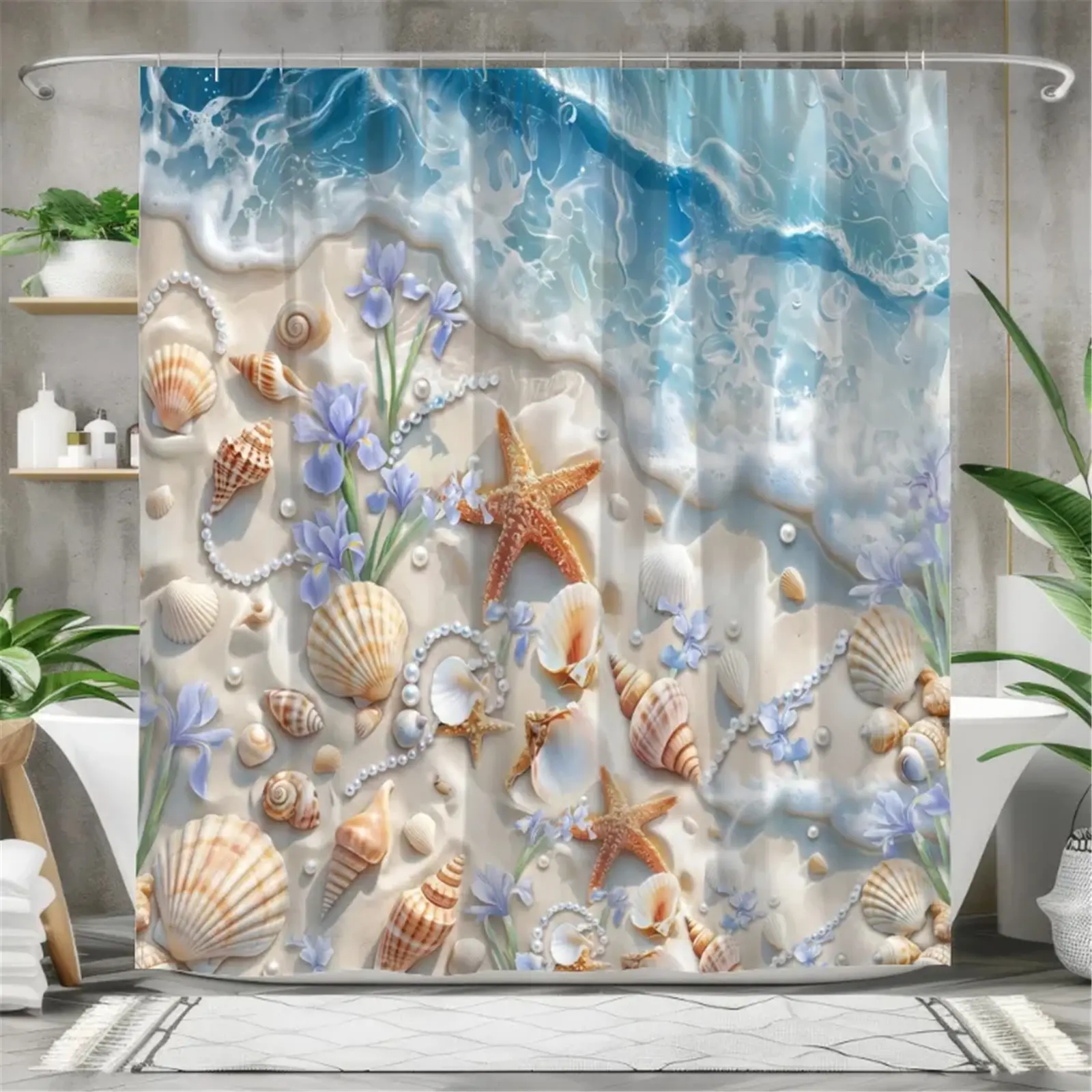 Seaside beach shell shower curtain set, waterproof shower curtain with 12 hooks, non-slip bathroom carpet, toilet U-shaped cushion, toilet seat cover cushion, bathroom decoration, bathroom shower curtain set, perfect mobile gift