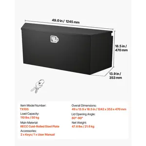 VEVOR Trailer Tongue Box, 49x 13.9x 18.5 Steel Trailer Tongue Tool Box, Heavy Duty Storage Organizer with Lock and Keys, Utility Tool Chest for Pickup Truck Bed, RV, SUV, Off-Road Vehicle, Black