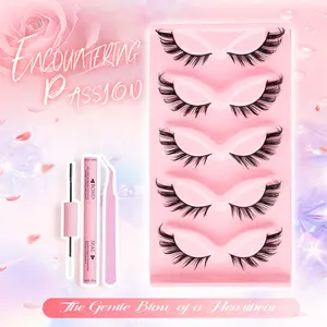 Encountering Passion 01 Fox Eyes 5 Pairs Mixed Colour False Eyelash Set with Glue Tweezers Cat Eye Effect Press On Falsies for Women and Girls fairy lash clusters waterproof lash clusters
