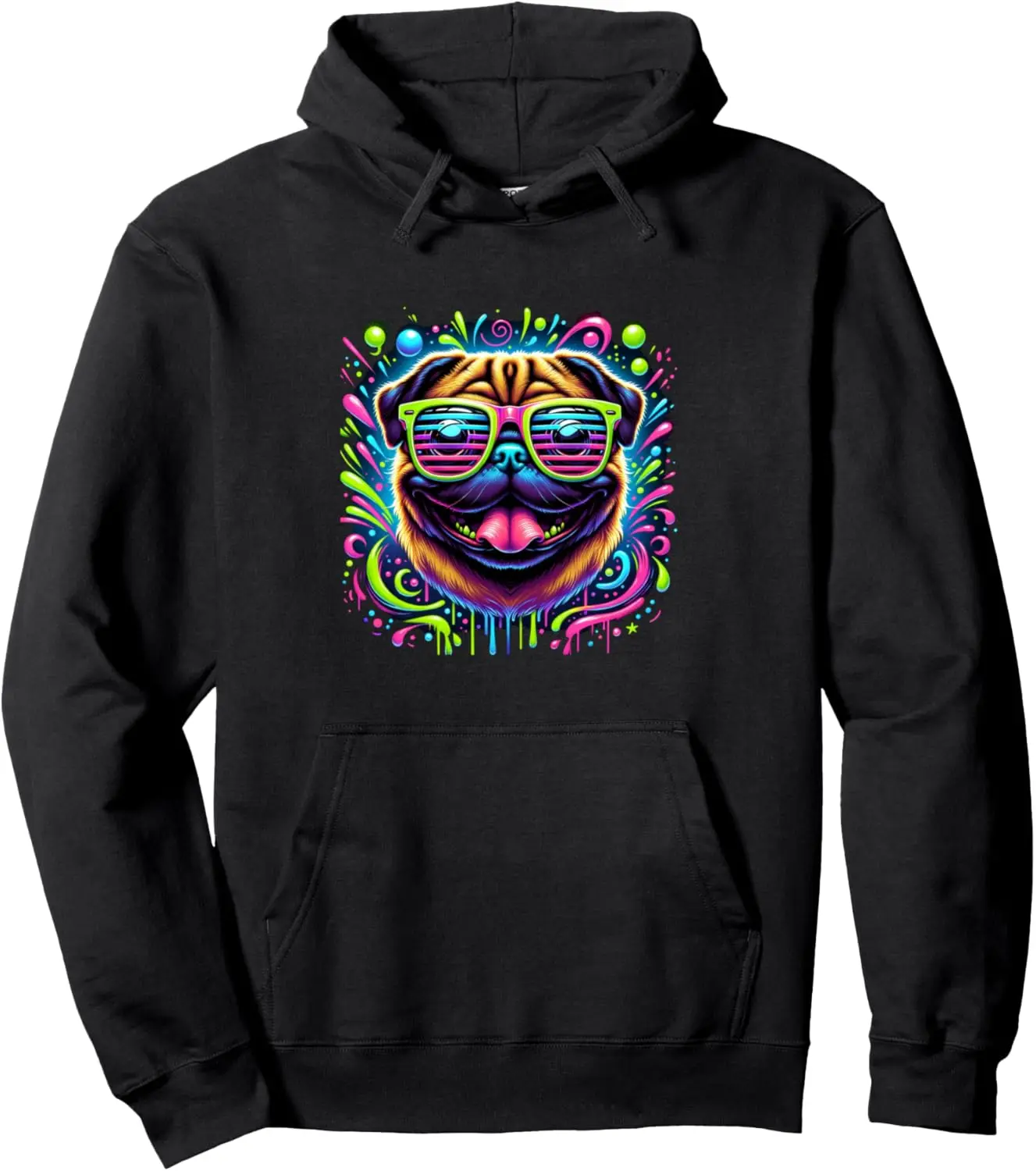 Pug Dog Puppy With Awesome Retro Sunglasses Vibrant Graffiti Pullover Hoodie