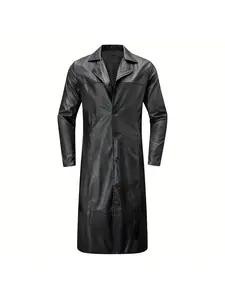 Men's Black PU Leather Long Trench Motorcycle Jacket New Fashion Men's Gothic Long Black Free Riding Motorcycle Jacket, Riding Gear, Outdoor Windproof Jacket, Gothic Fashion, High-Quality Sewing, Windproof Material, Button Jacket, Men's Outerwear