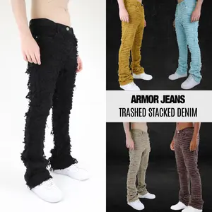Trashed Stacked Denim Jeans for Men by Armor Jeans: 36" Inseam, Frey Pattern, Stretchable, 8 Colors Cotton Menswear Denim Pants Mid waist Trouser, wear With Nike Sneakers