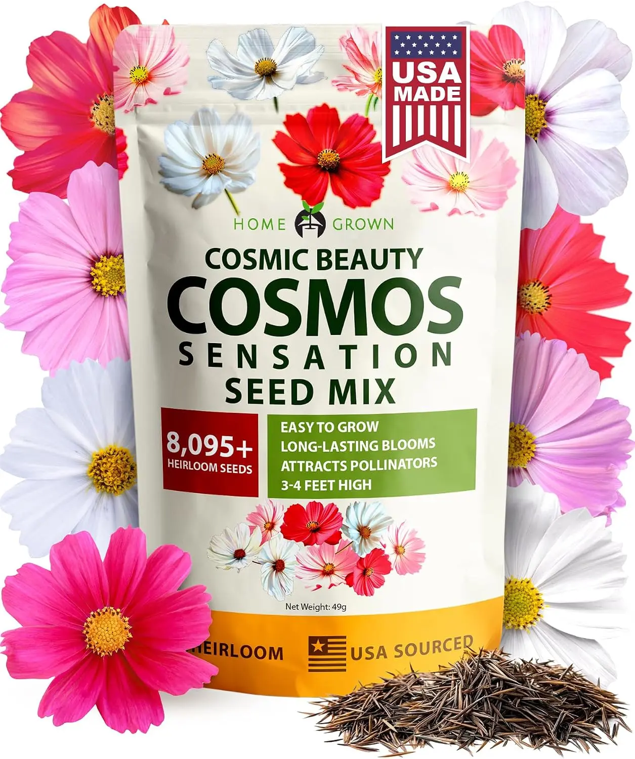 Heirloom Cosmos Flower Seeds Bulk Pack (1.8 oz, 8000 Count) - Outdoor Grow-at-Home Annuals with Cosmos Cottage Look, Sustainable Pollinator Support, Ideal for Gardens, Support For Pollinators