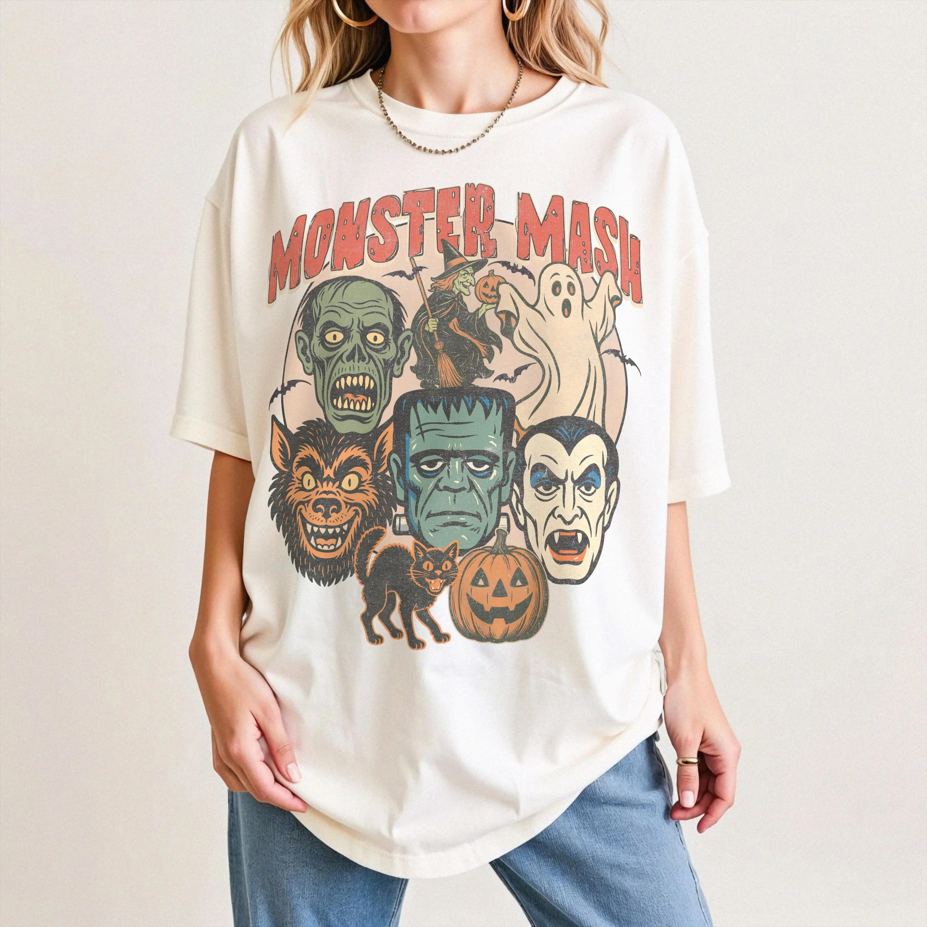 Women's Monster Mash Retro Halloween Spooky Season T-Shirt, Seamless Comfortable Fabric Leggings Bottom