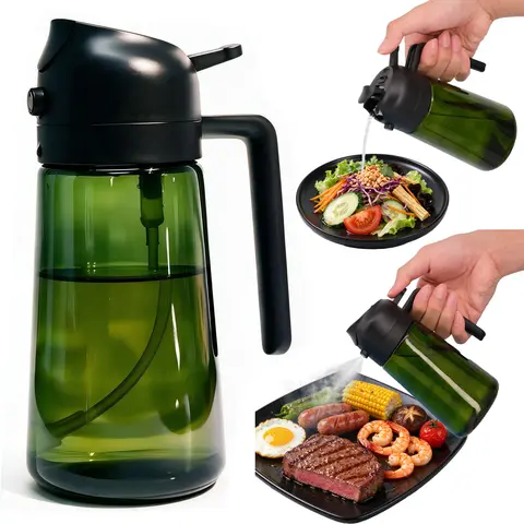 Premium 16oz Kitchen Cooking Oil Sprayer - 2-in-1 Food-Grade Safe Olive Oil Spray or Pour Dispenser, Light-Proof Dark Green Glass Bottle, Handle for Control, Ideal for Baking, Frying, Glass Body