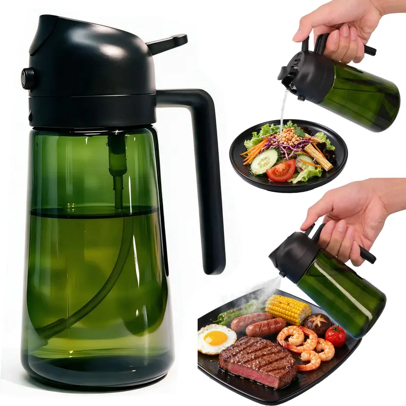 Premium 16oz Kitchen Cooking Oil Sprayer - 2-in-1 Food-Grade Safe Olive Oil Spray or Pour Dispenser, Light-Proof Dark Green Glass Bottle, Handle for Control, Ideal for Baking, Frying, Glass Body