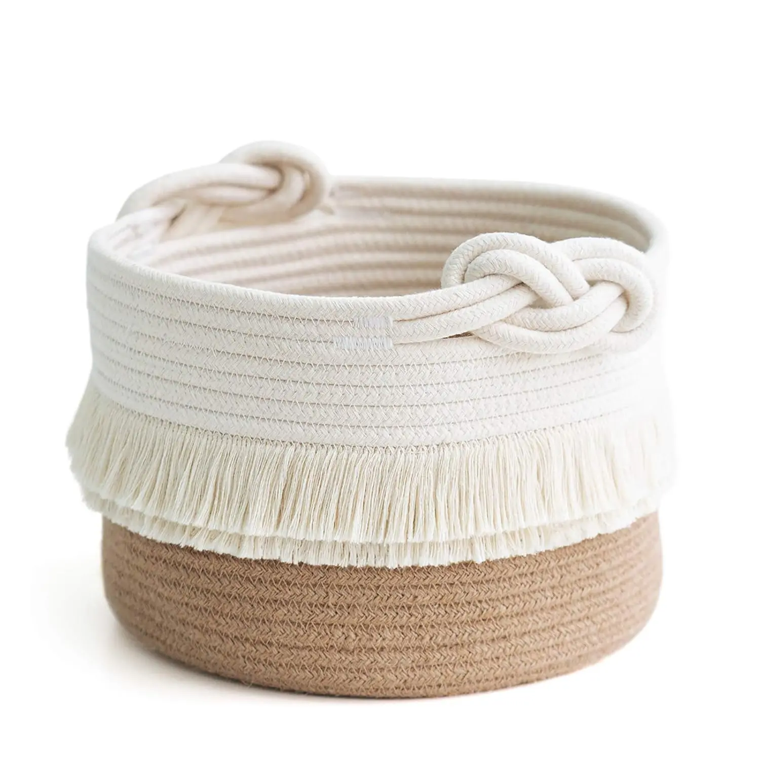 Small Woven Storage Baskets Cotton and Jute Rope Decorative Hamper for Diaper,  Jute Box Blankets, Magazine and Keys, Cute Tassel Nursery Decor - Home Storage Container – 9.5'' x 7''