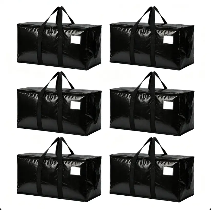 6 Pack Extra Large Moving Bags, Heavy Duty Storage Totes with Zippers, Reinforced Carry Handles & Label Pockets, Foldable Packing Bags for Moving Supplies, College Dorm, Clothes, Closet, Travel & Home Storage, Black