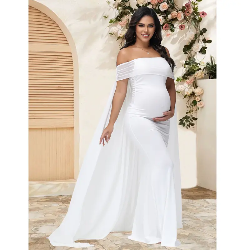 Maternity Elegant Off Shoulder Maxi Dress With Chiffon Cloak for Baby Shower Photoshoot Pregnancy Bodycon Gown