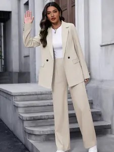 Two piece women's casual and fashionable khaki suit jacket and pants set, suitable for all seasons, suitable for home, indoor, and outdoor wear