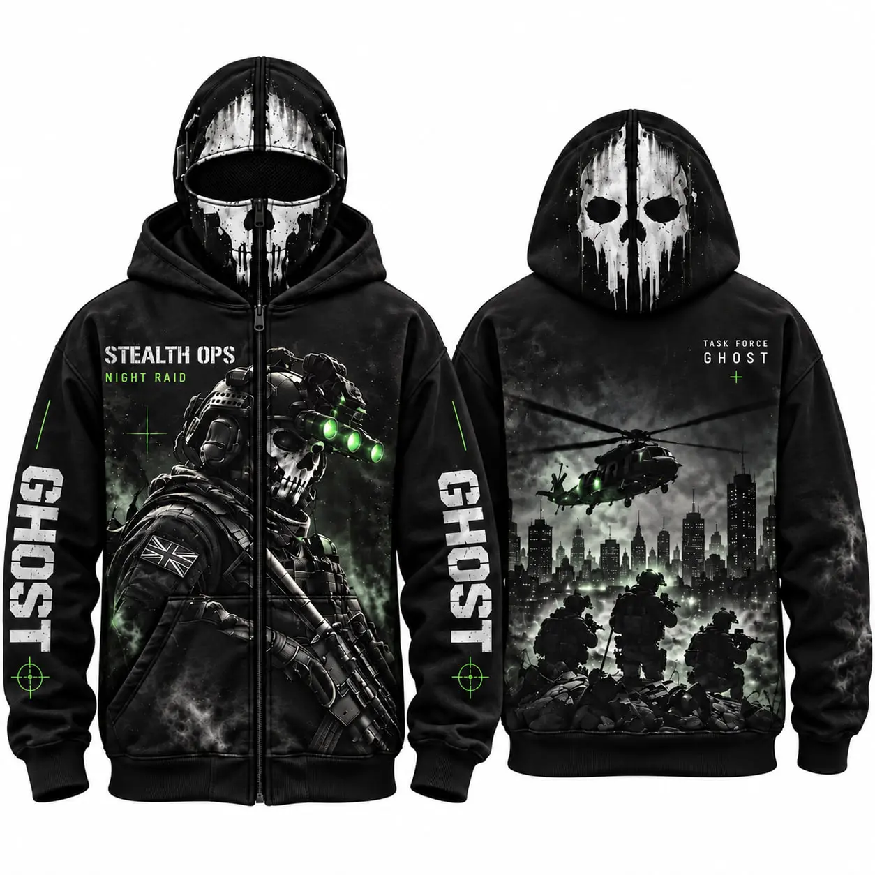 Tactical Skull Ghost Full Zip Balaclava Hoodie LN, Military Special Ops Mask Graphic Zip Up Sweatshirt, Dark Tactical Streetwear, Gamer Inspired Hooded Jacket, Casual Unisex Outerwear for Men and Women
