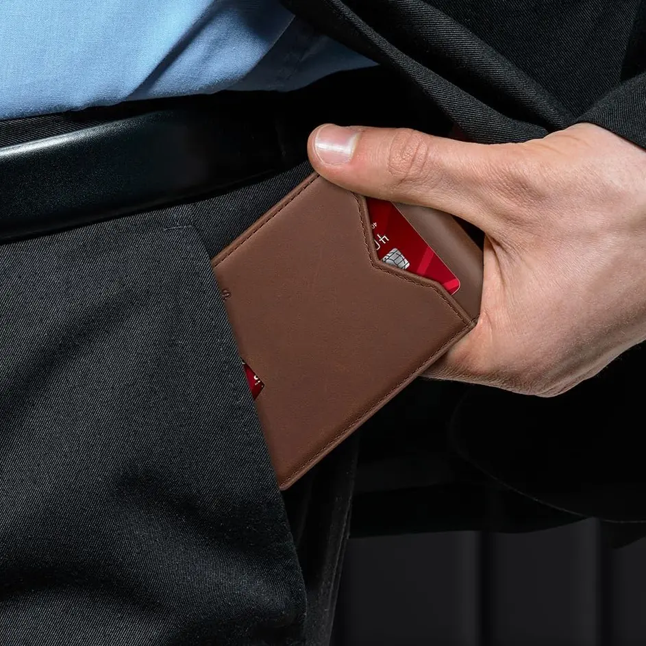 Men's Real Leather Slim Bifold Wallet - Front Pocket Design, RFID Blocking, 11-Card Capacity, ID Window, Money Pocket, Brown